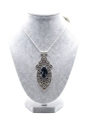 New Artisan Rare Marcasite Stone 925 Sterling Silver Black White Necklace